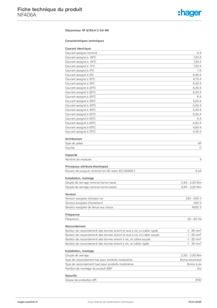 Image Hager Fiche technique du produit NF406A | Hager Afrique