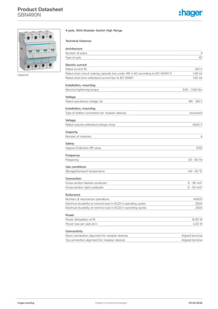 Image Hager Product data sheet SBN490N  | Hager