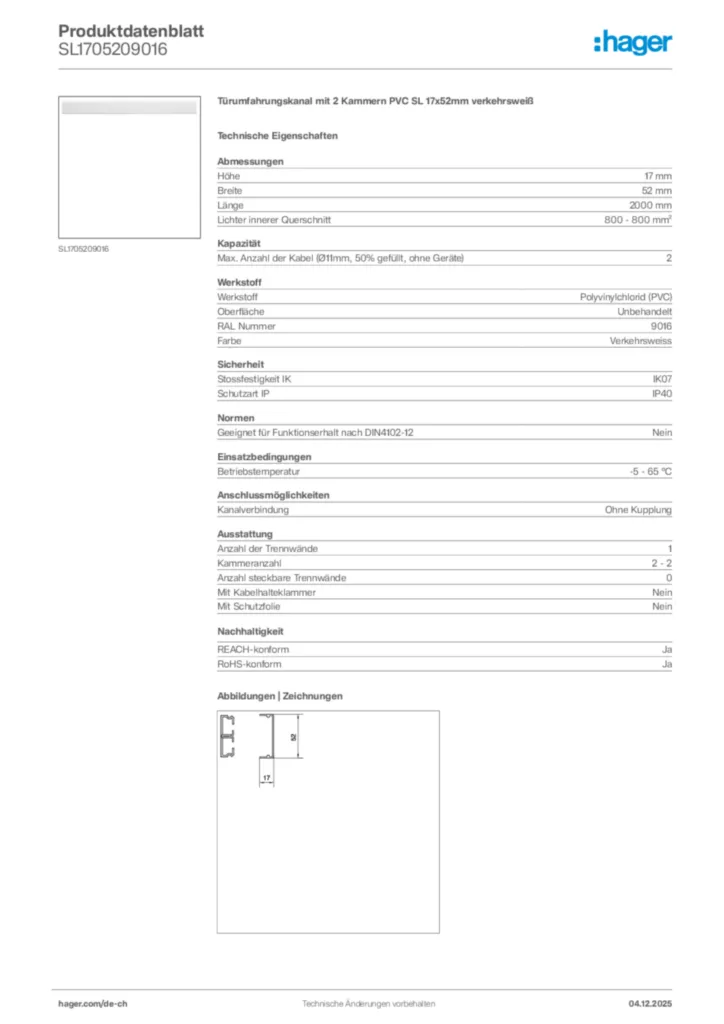 Bild Hager Produktdatenblatt SL1705209016 | Hager Schweiz