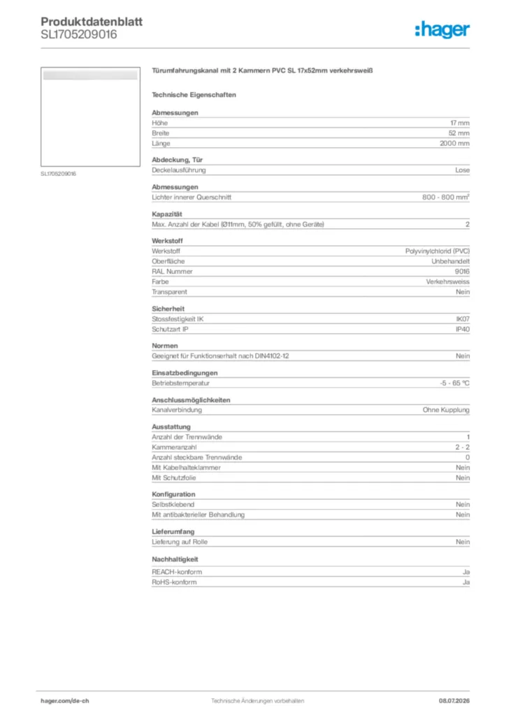 Bild Hager Produktdatenblatt SL1705209016 | Hager Schweiz