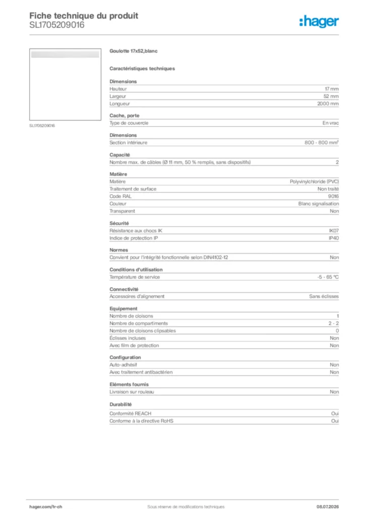 Image Hager Fiche technique du produit SL1705209016 | Hager Suisse