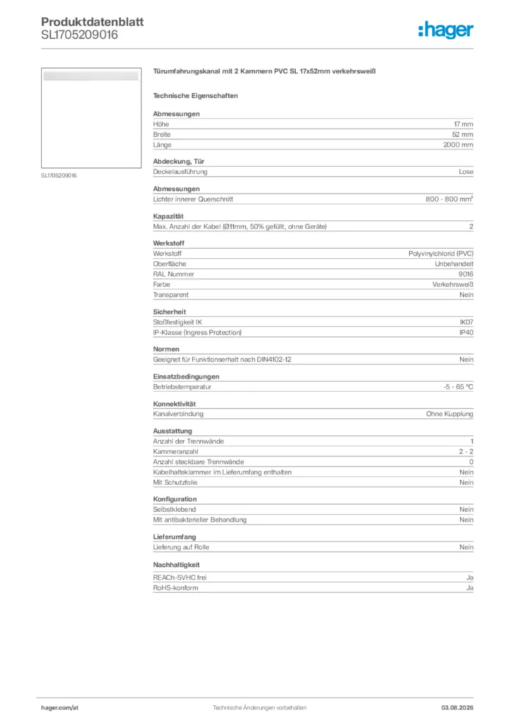 Bild Hager Produktdatenblatt SL1705209016 | Hager Deutschland