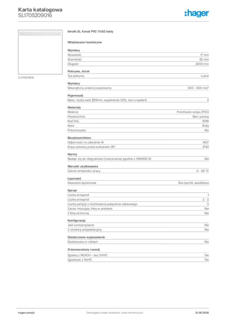 Zdjęcie Hager Karta katalogowa SL1705209016 | Hager Polska