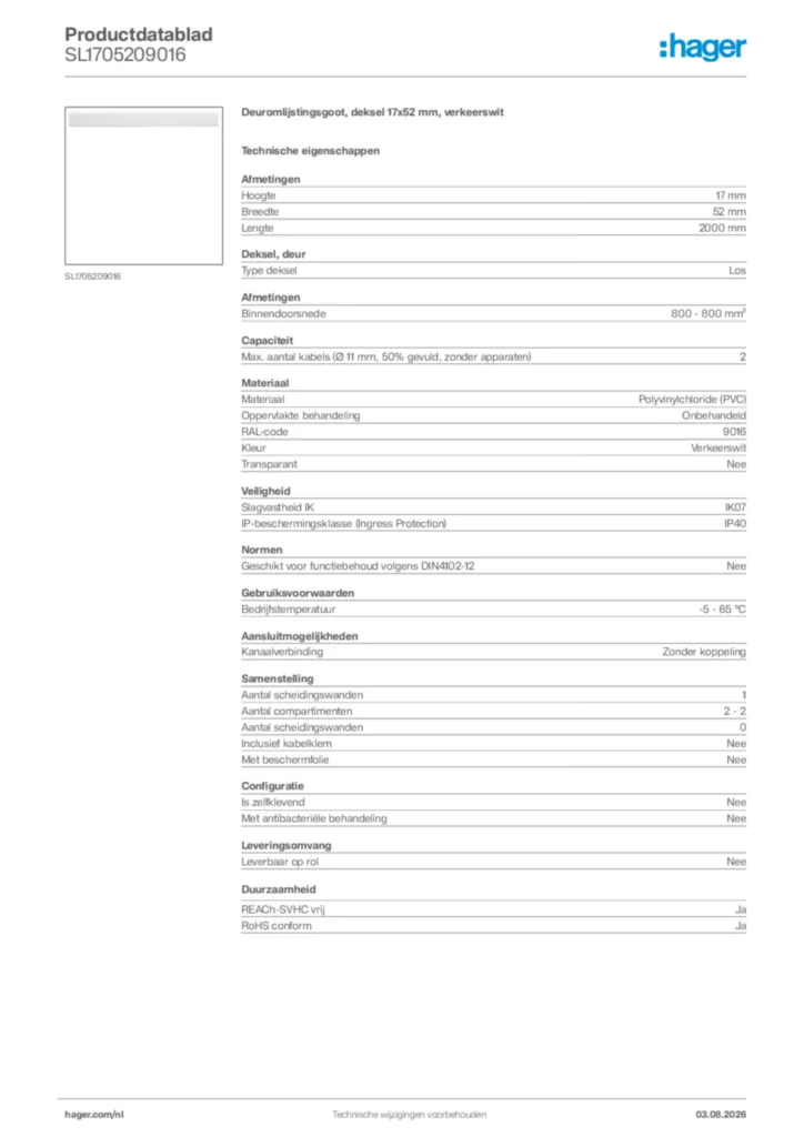 Afbeelding Hager Productdatablad SL1705209016 | Hager Nederland