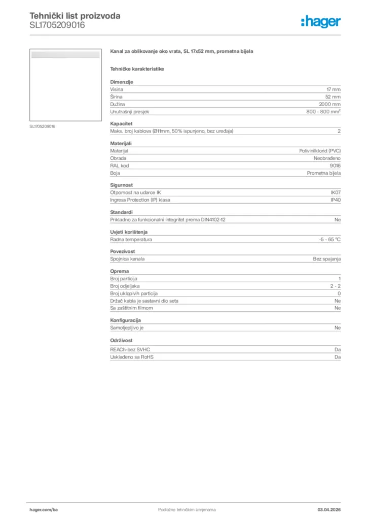 Slika Hager Tehnički list proizvoda SL1705209016  | Hager