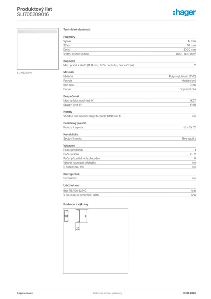 Obrázek Hager Product data sheet SL1705209016 | Hager