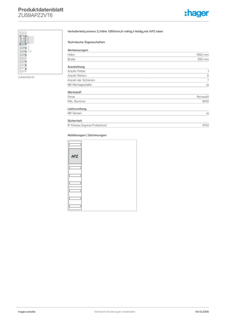Bild Hager Produktdatenblatt ZU59APZ2VT6 | Hager Deutschland