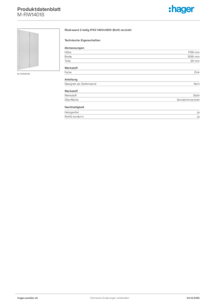 Bild Hager Produktdatenblatt M-RW14018 | Hager Schweiz
