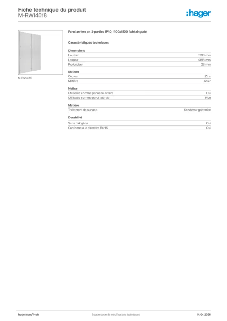 Image Hager Fiche technique du produit M-RW14018 | Hager Suisse