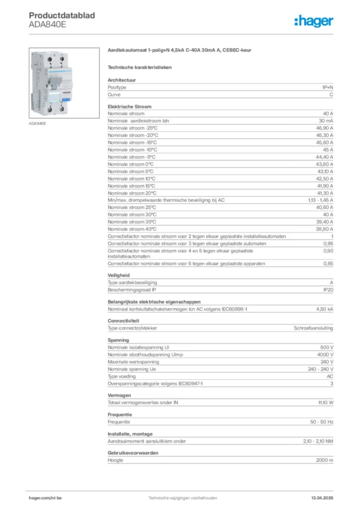 Afbeelding Hager Productdatablad ADA840E | Hager Belgium