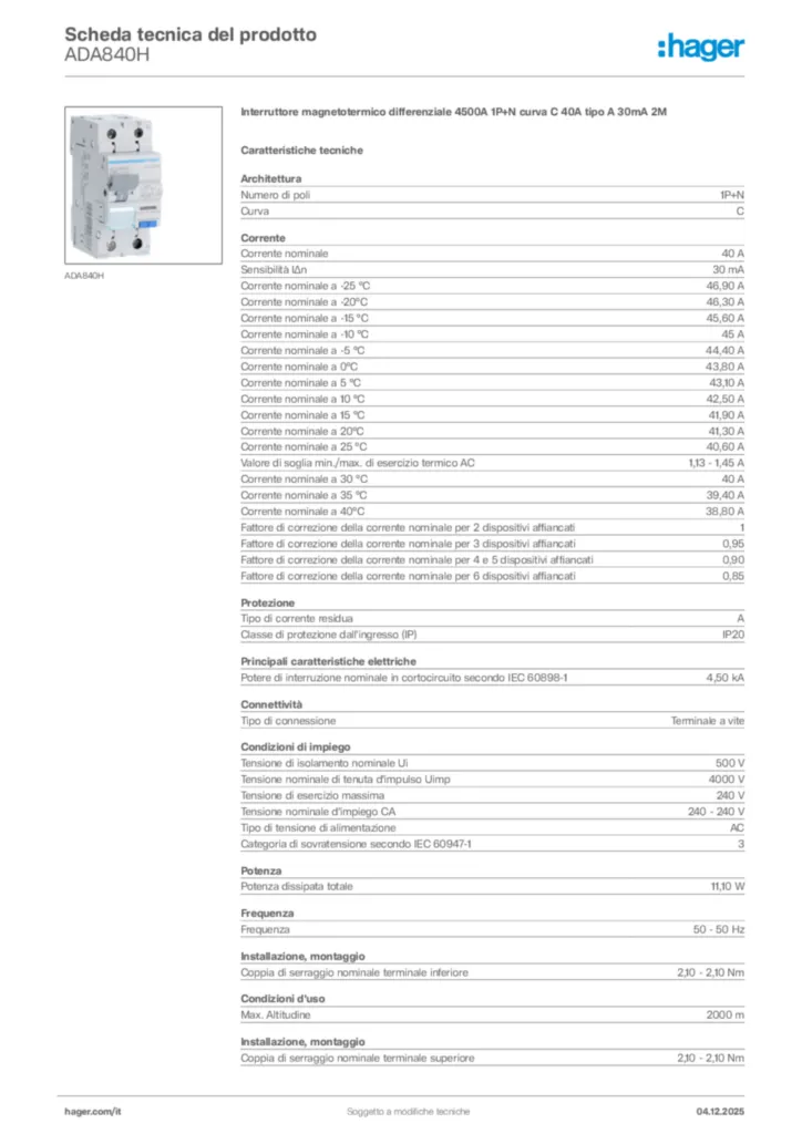 Immagine Hager Scheda tecnica del prodotto ADA840H | Hager Italia