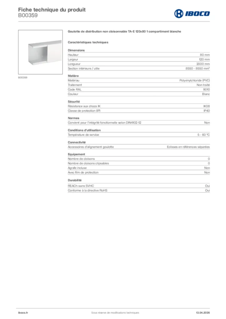 Image Iboco Fiche technique du produit B00359 | Hager France