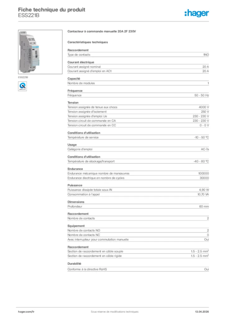 Image Hager Fiche technique du produit ESS221B | Hager France