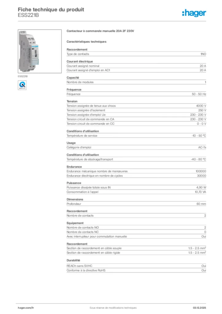 Image Hager Fiche technique du produit ESS221B | Hager France