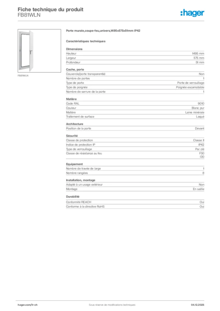 Image Hager Fiche technique du produit FB81WLN | Hager Suisse