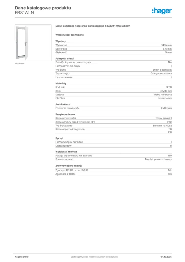 Zdjęcie Hager Dane katalogowe produktu FB81WLN | Hager Polska