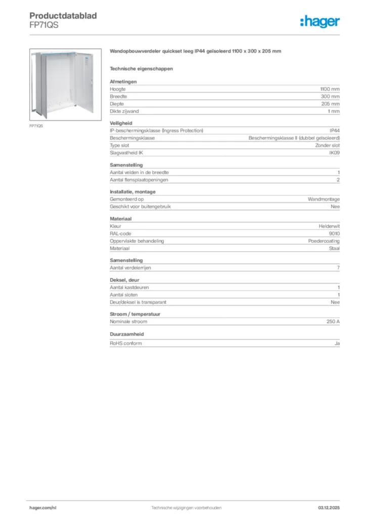 Afbeelding Hager Productdatablad FP71QS | Hager Nederland