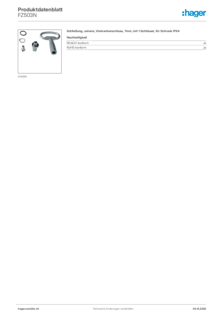 Bild Hager Produktdatenblatt FZ503N | Hager Schweiz