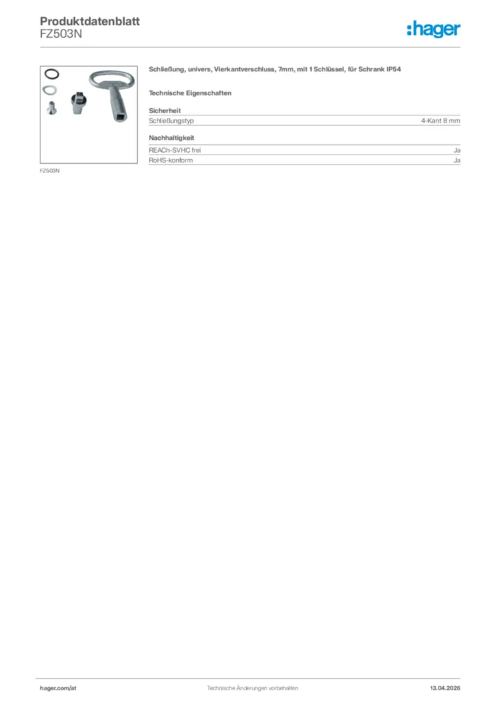 Bild Hager Produktdatenblatt FZ503N | Hager Deutschland