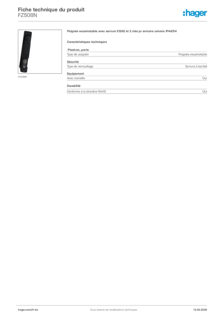 Image Hager Fiche technique du produit FZ508N | Hager Belgique