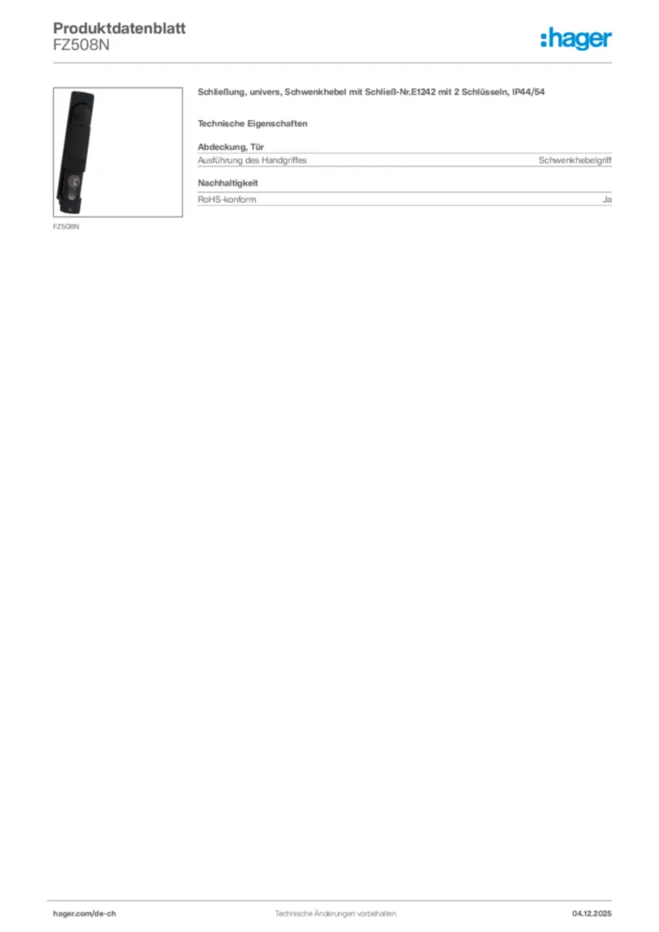 Bild Hager Produktdatenblatt FZ508N | Hager Schweiz