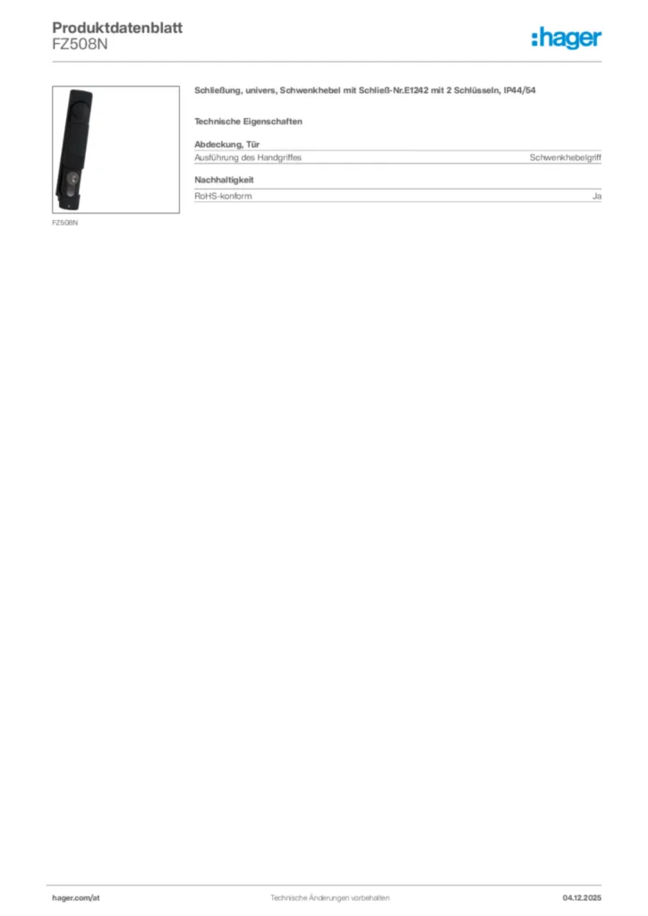 Bild Hager Produktdatenblatt FZ508N | Hager Deutschland