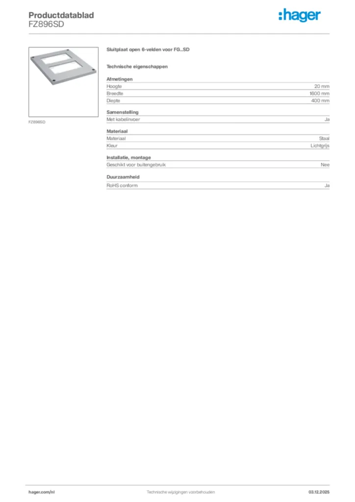 Afbeelding Hager Productdatablad FZ896SD | Hager Nederland