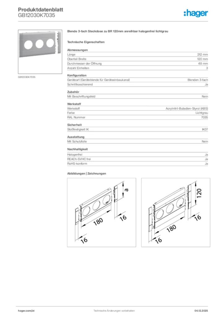 Bild Hager Produktdatenblatt GB12030K7035 | Hager Deutschland