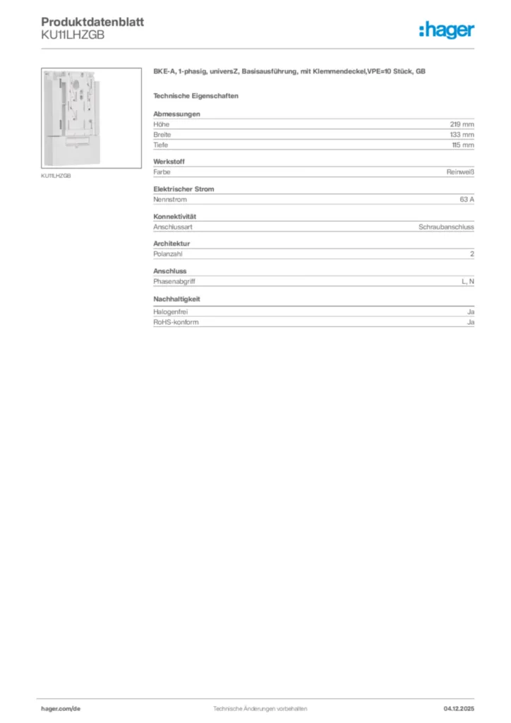 Bild Hager Produktdatenblatt KU11LHZGB | Hager Deutschland
