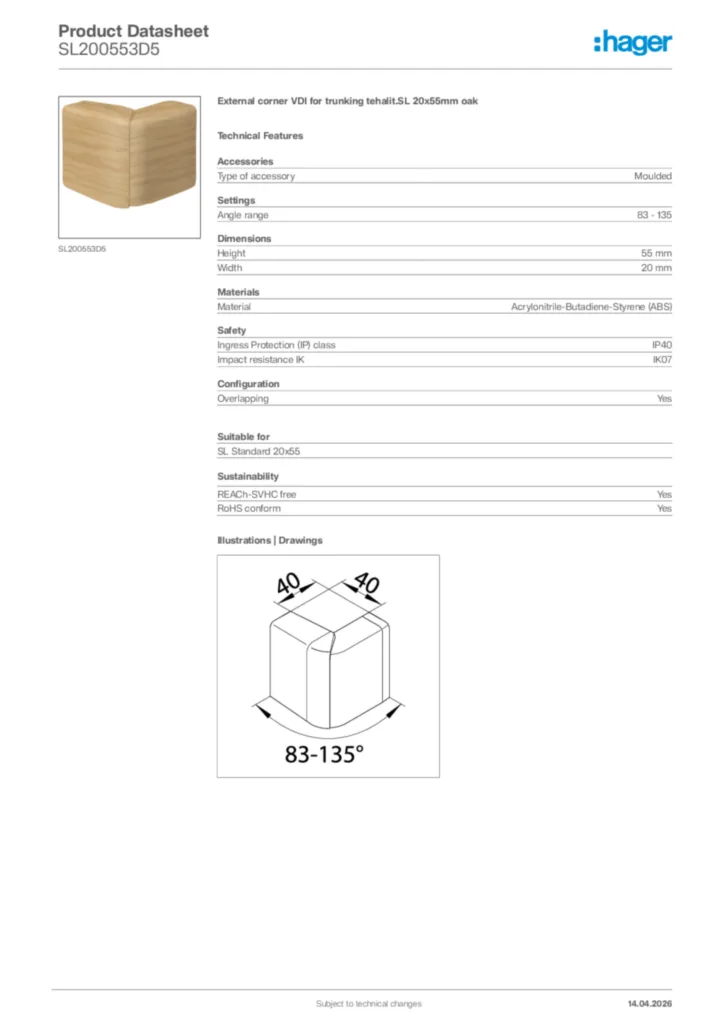 Image Hager Product data sheet SL200553D5  | Hager Africa