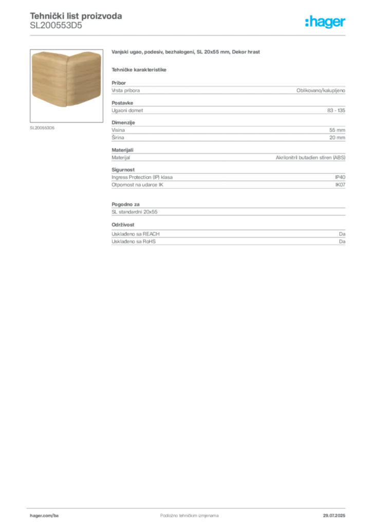 Slika Hager Product data sheet SL200553D5  | Hager