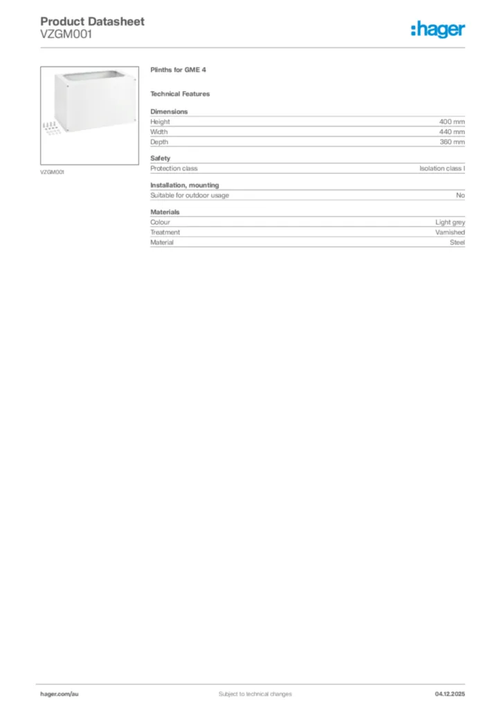 Image Hager Product data sheet VZGM001  | Hager Australia