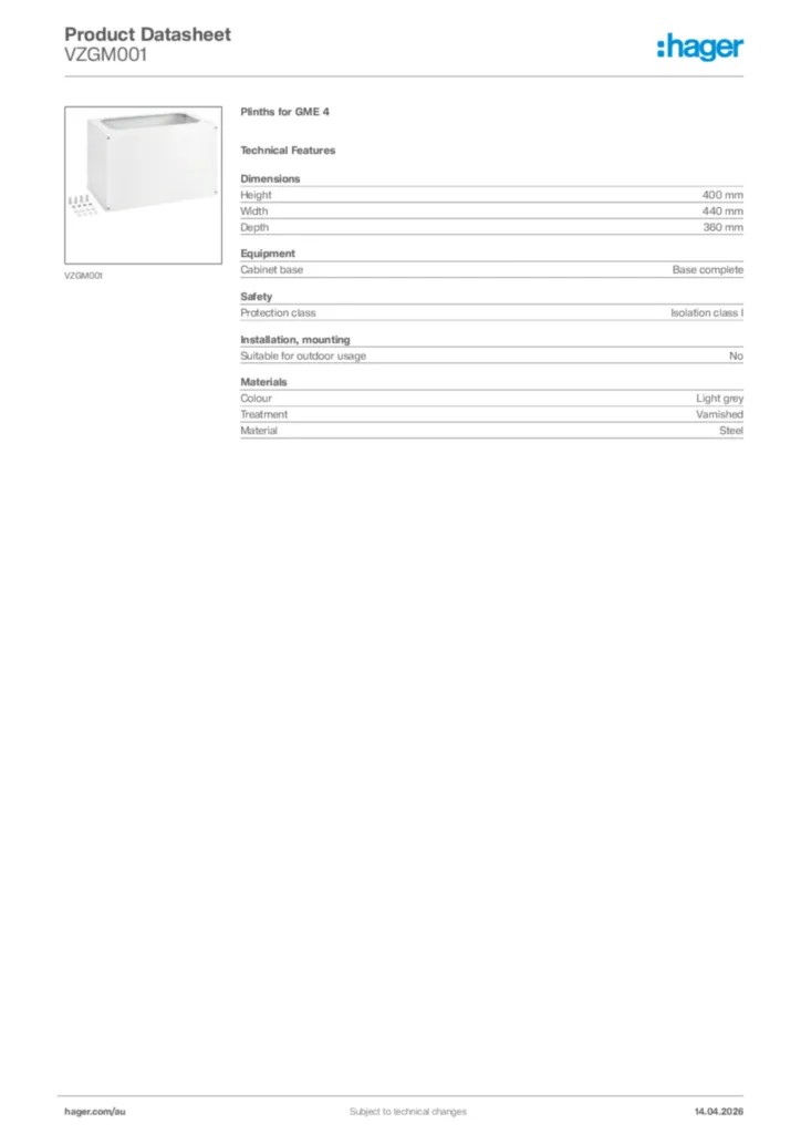 Image Hager Product data sheet VZGM001  | Hager Australia