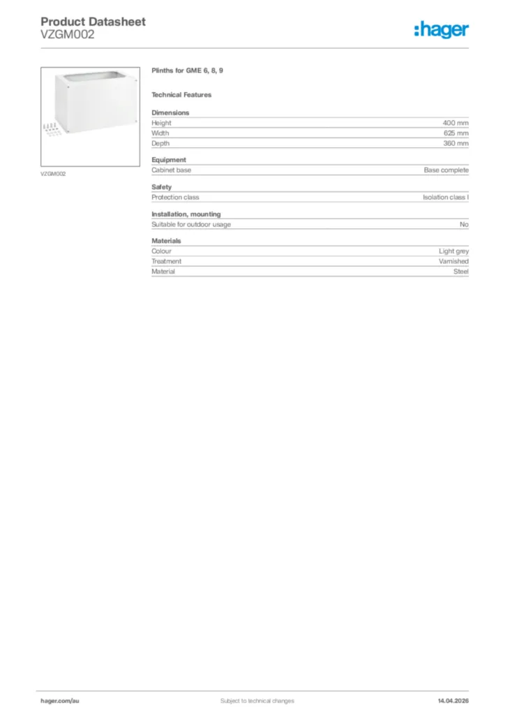 Image Hager Product data sheet VZGM002  | Hager Australia