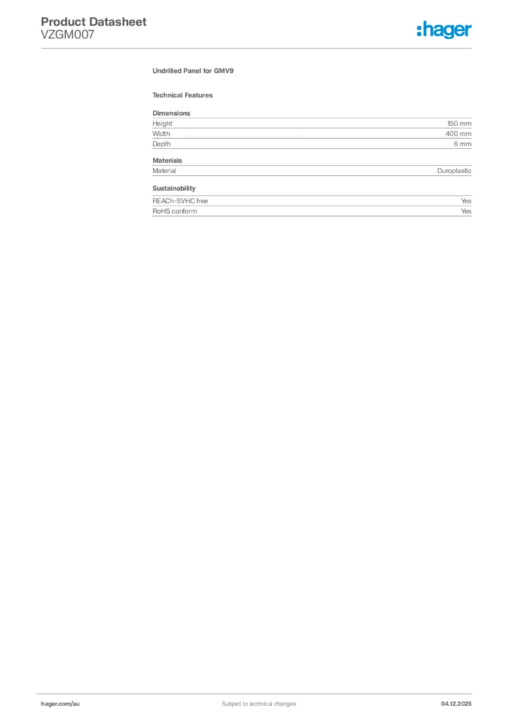 Image Hager Product data sheet VZGM007  | Hager Australia