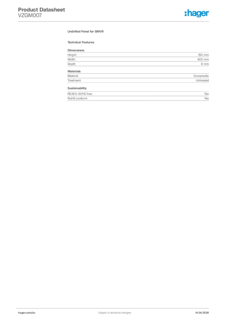 Image Hager Product data sheet VZGM007  | Hager Australia