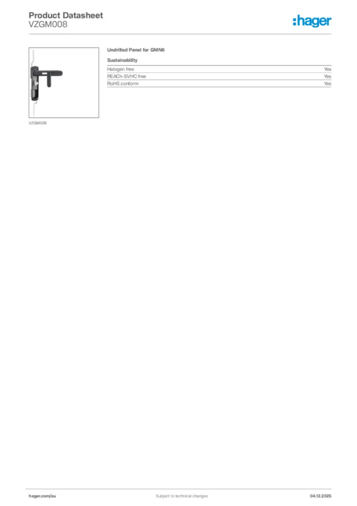 Image Hager Product data sheet VZGM008  | Hager Australia