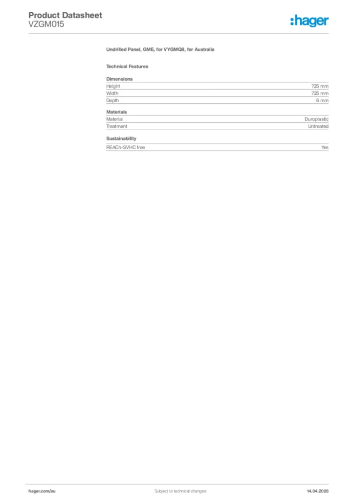 Image Hager Product data sheet VZGM015  | Hager Australia