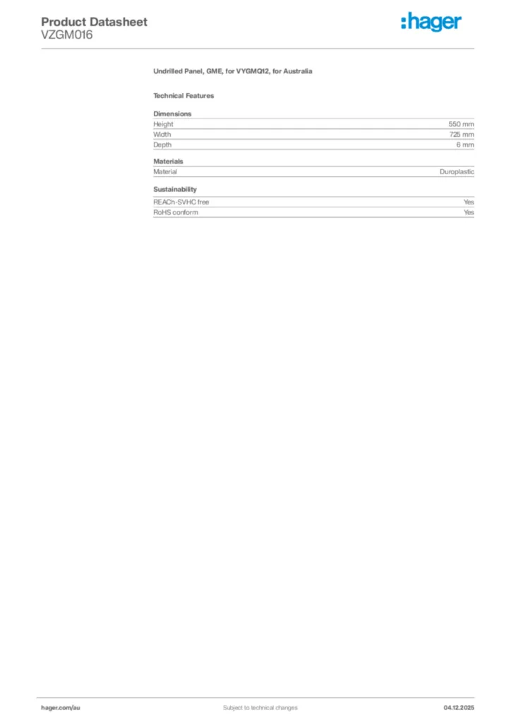 Image Hager Product data sheet VZGM016  | Hager Australia