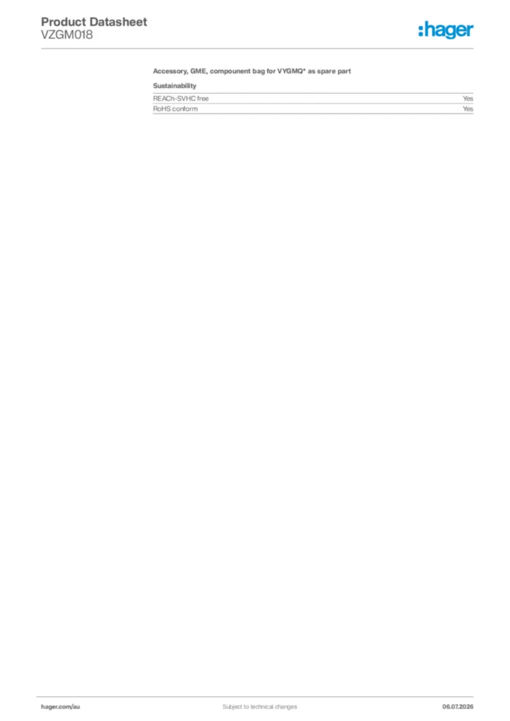 Image Hager Product data sheet VZGM018  | Hager Australia