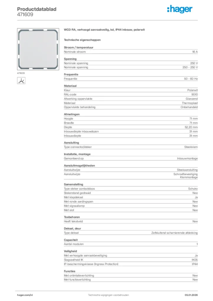 Afbeelding Hager Productdatablad 471609 | Hager Nederland