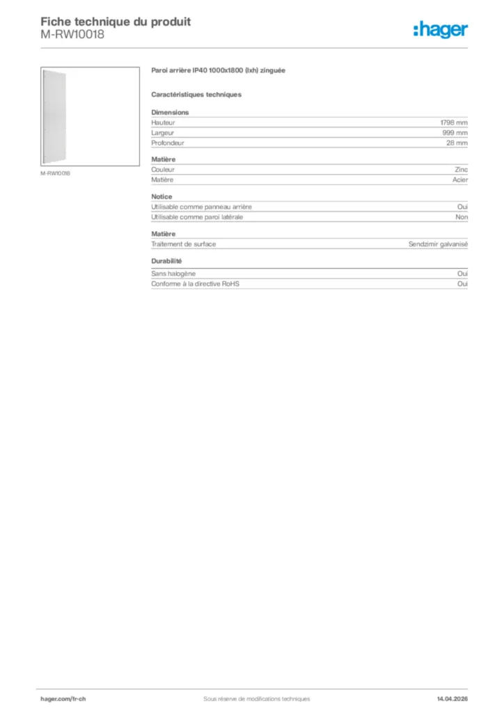 Image Hager Fiche technique du produit M-RW10018 | Hager Suisse