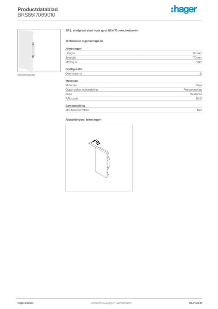 Afbeelding Hager Productdatablad BRS8517069010 | Hager Nederland