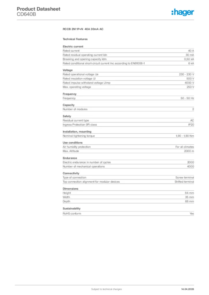 Image Hager Product data sheet CD640B  | Hager
