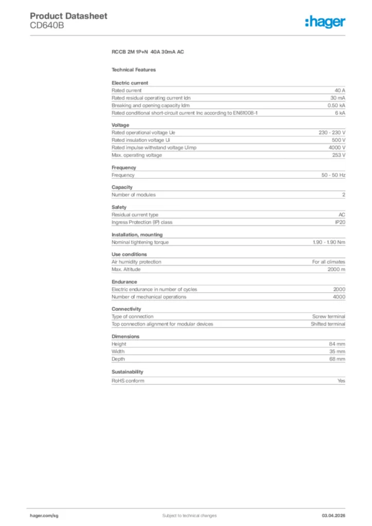 Image Hager Product data sheet CD640B  | Hager