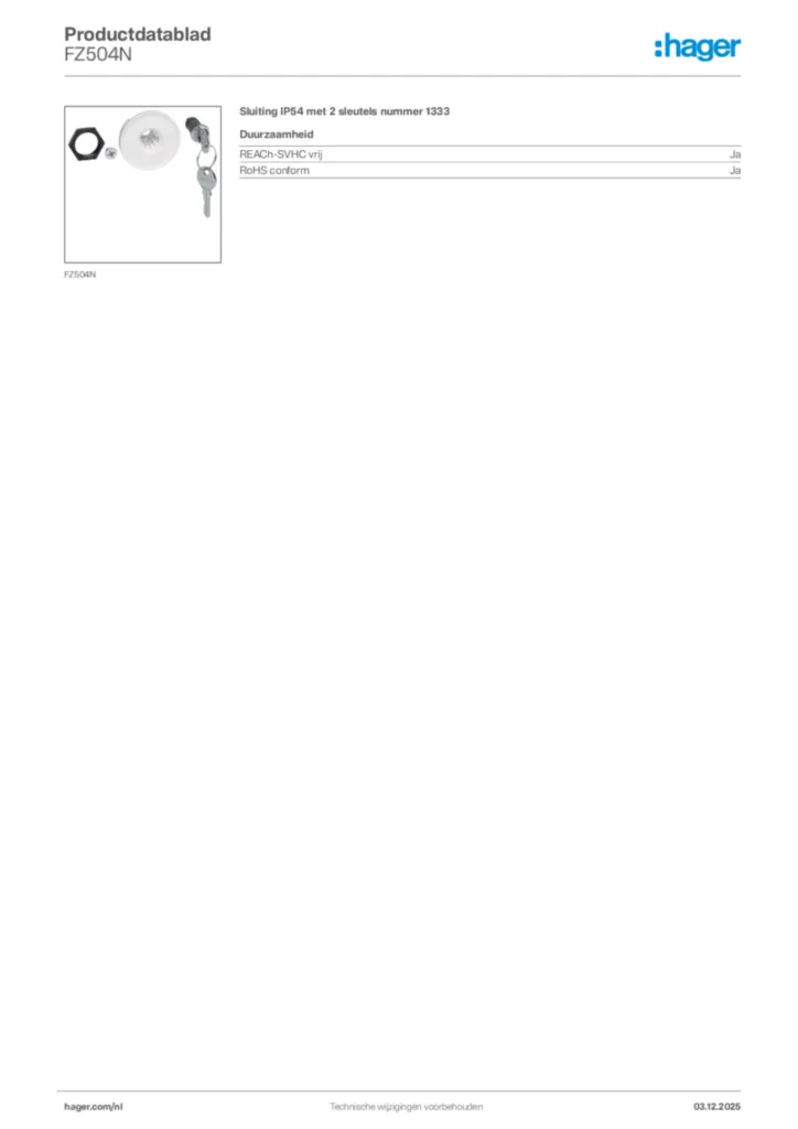 Afbeelding Hager Productdatablad FZ504N | Hager Nederland