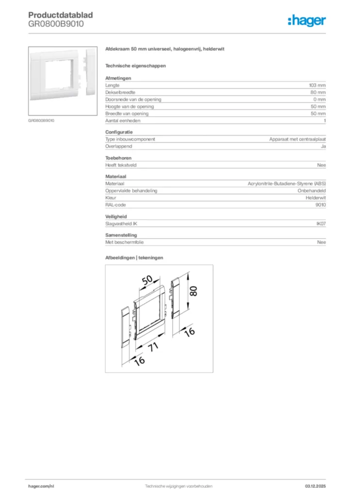 Afbeelding Hager Productdatablad GR0800B9010 | Hager Nederland