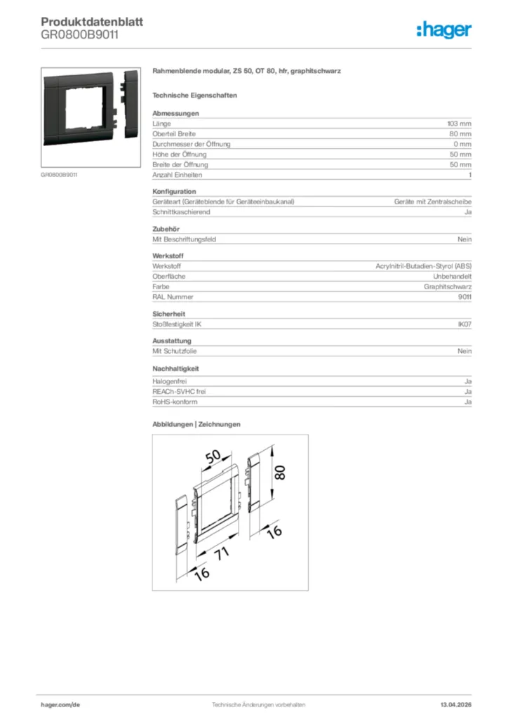 Bild Hager Produktdatenblatt GR0800B9011 | Hager Deutschland