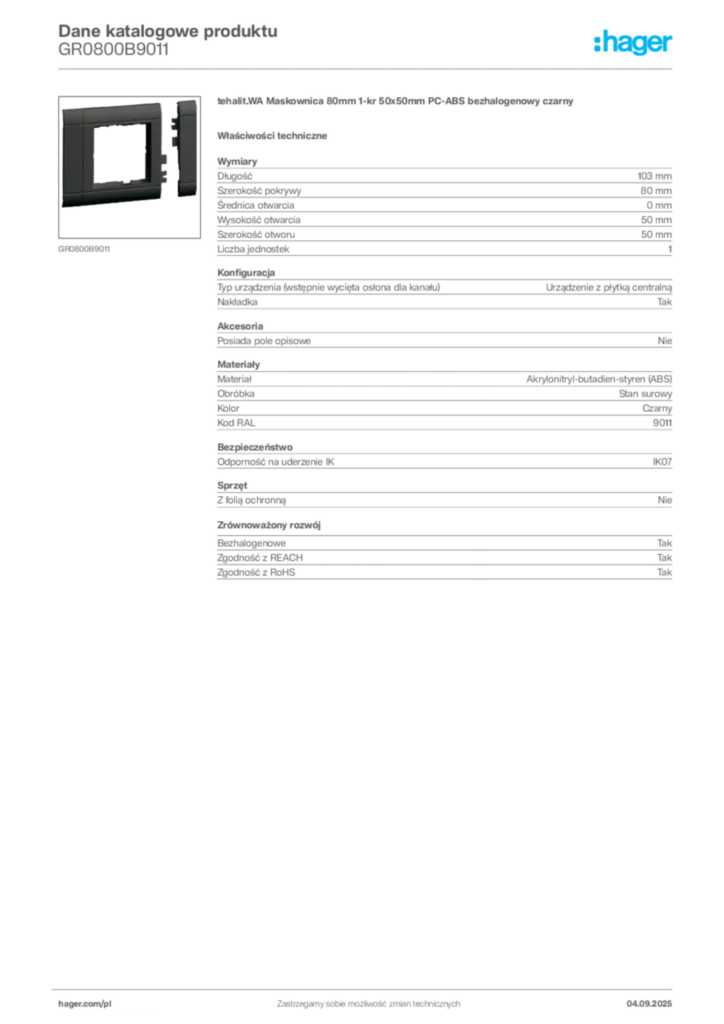 Zdjęcie Hager Dane katalogowe produktu GR0800B9011 | Hager Polska