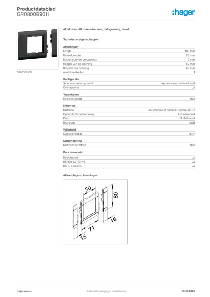 Afbeelding Hager Productdatablad GR0800B9011 | Hager Nederland